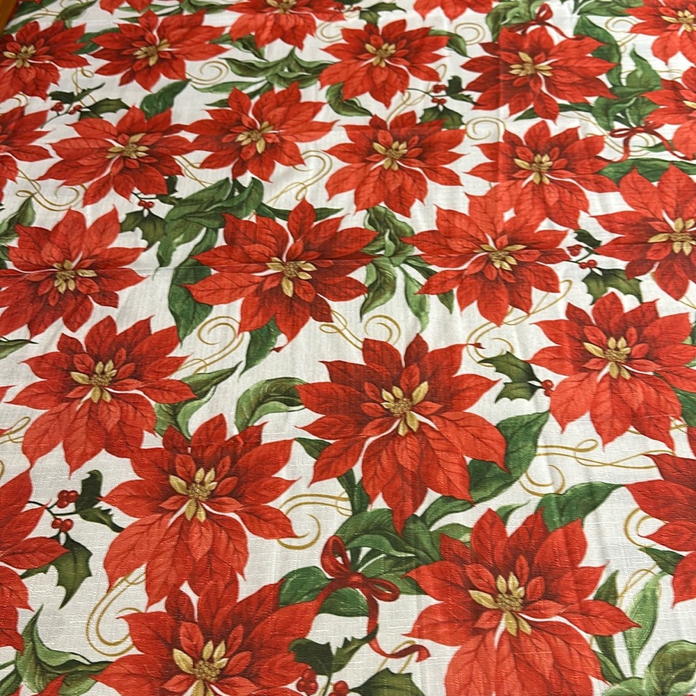 Poinsettia table cloth in EUC Red, green White and gold poinsettia’s and holly